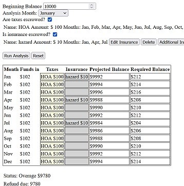 escrow analysis screen shot